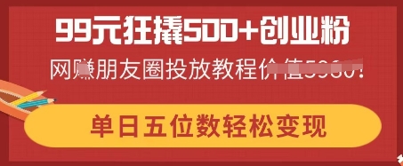 99元狂撬500+创业粉，单日五位数轻松变现，网创朋友圈投放教程-千优网创