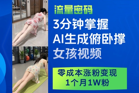 3分钟掌握AI生成俯卧撑女孩视频，零成本涨粉变现，1个月1W粉-千优网创