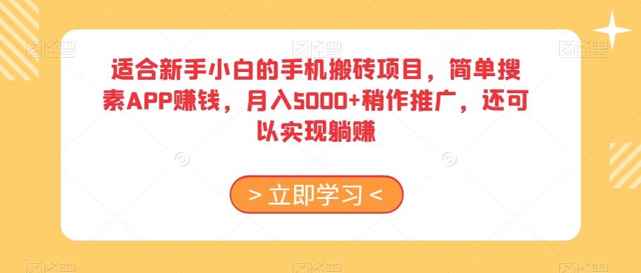 适合新手小白的手机搬砖项目，简单搜素APP赚钱，月入5000+稍作推广，还可以实现躺赚【揭秘】-千优网创
