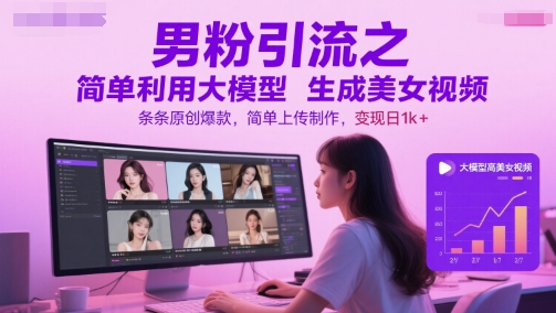 男粉引流之简单利用大模型生成美女视频，条条原创爆款，简单上传制作，变现日1k+-千优网创