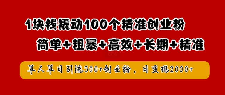 1块钱撬动100个精准创业粉,简单粗暴高效长期精准,单人单日引流500+创业粉,日变现2k【揭秘】-千优网创