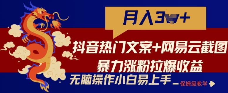 抖音热门文案+网易云截图暴力涨粉拉爆收益玩法，小白无脑操作，简单易上手【揭秘】-千优网创